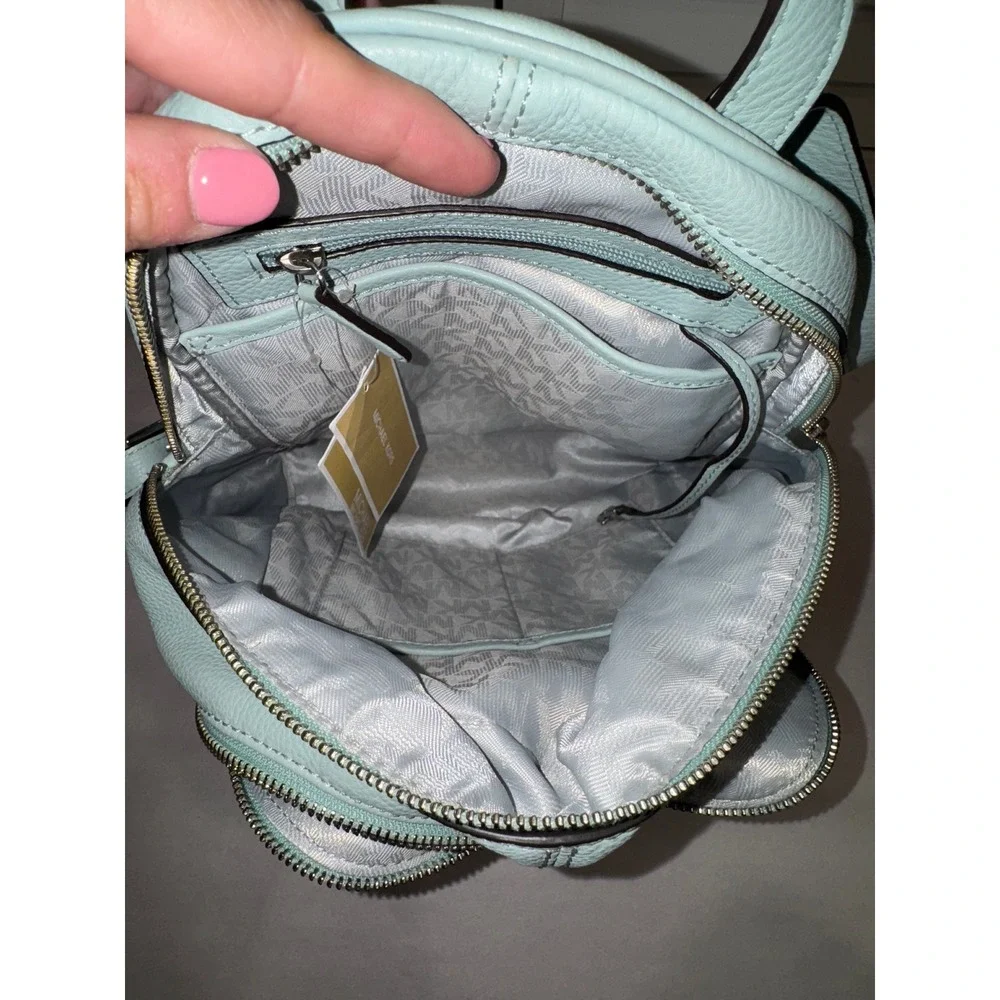 Michael Kors Rhea Zip Backpack Women Blue Pebbled Leather Colorblock Medium - Picture 8 of 10